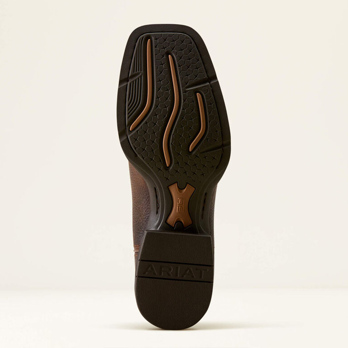 Close-up of a sole with 'ARIAT' branding on a beige background.