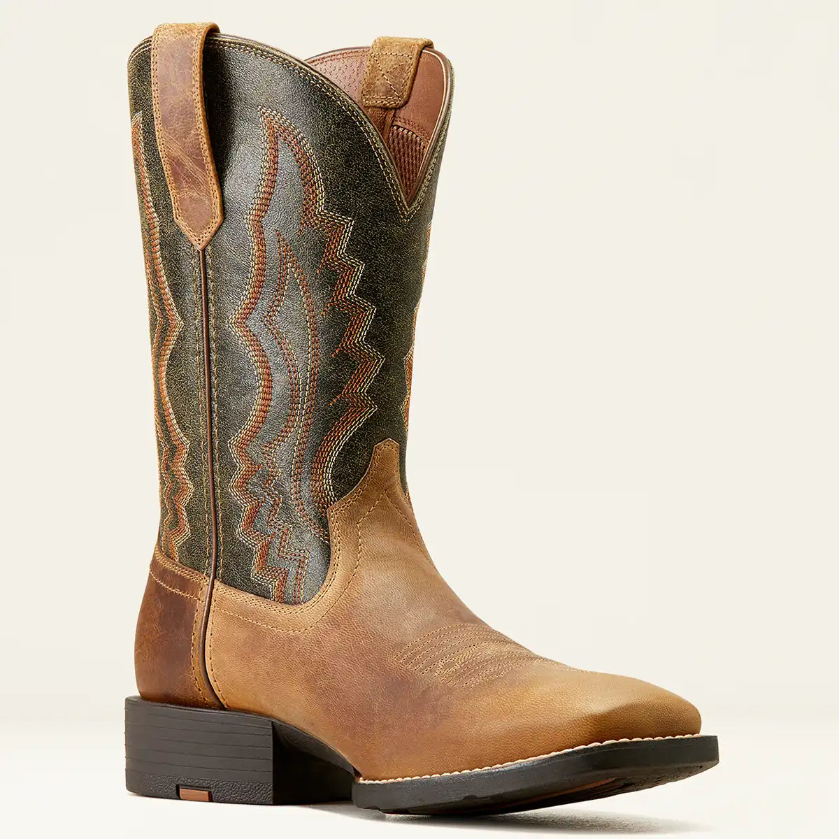 Profile view of the Ariat Men's Sport Riggin Western boots in tan full-grain leather with dark green embroidered shaft.