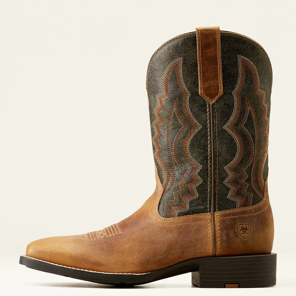 Side view of Ariat Men's Sport Riggin Western boots in tan full-grain leather with dark green embroidered shaft.