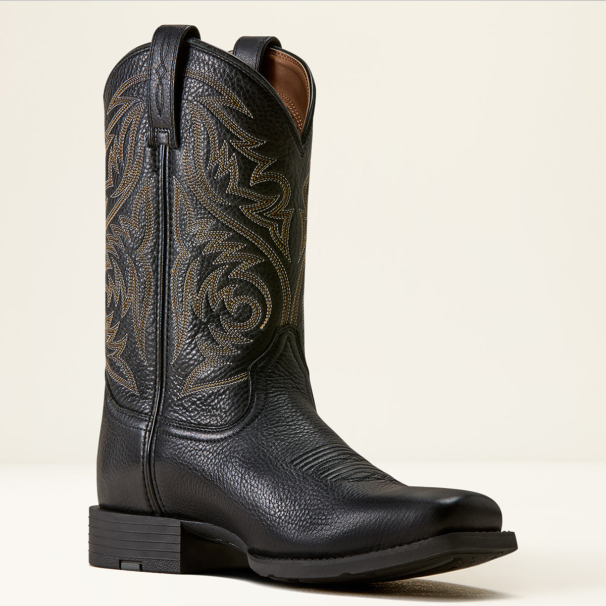 Ariat Men's Sport Herdsman black pebbled Deertan leather Western boot with square toe, olive-gold embroidery, and Duratread outsole.