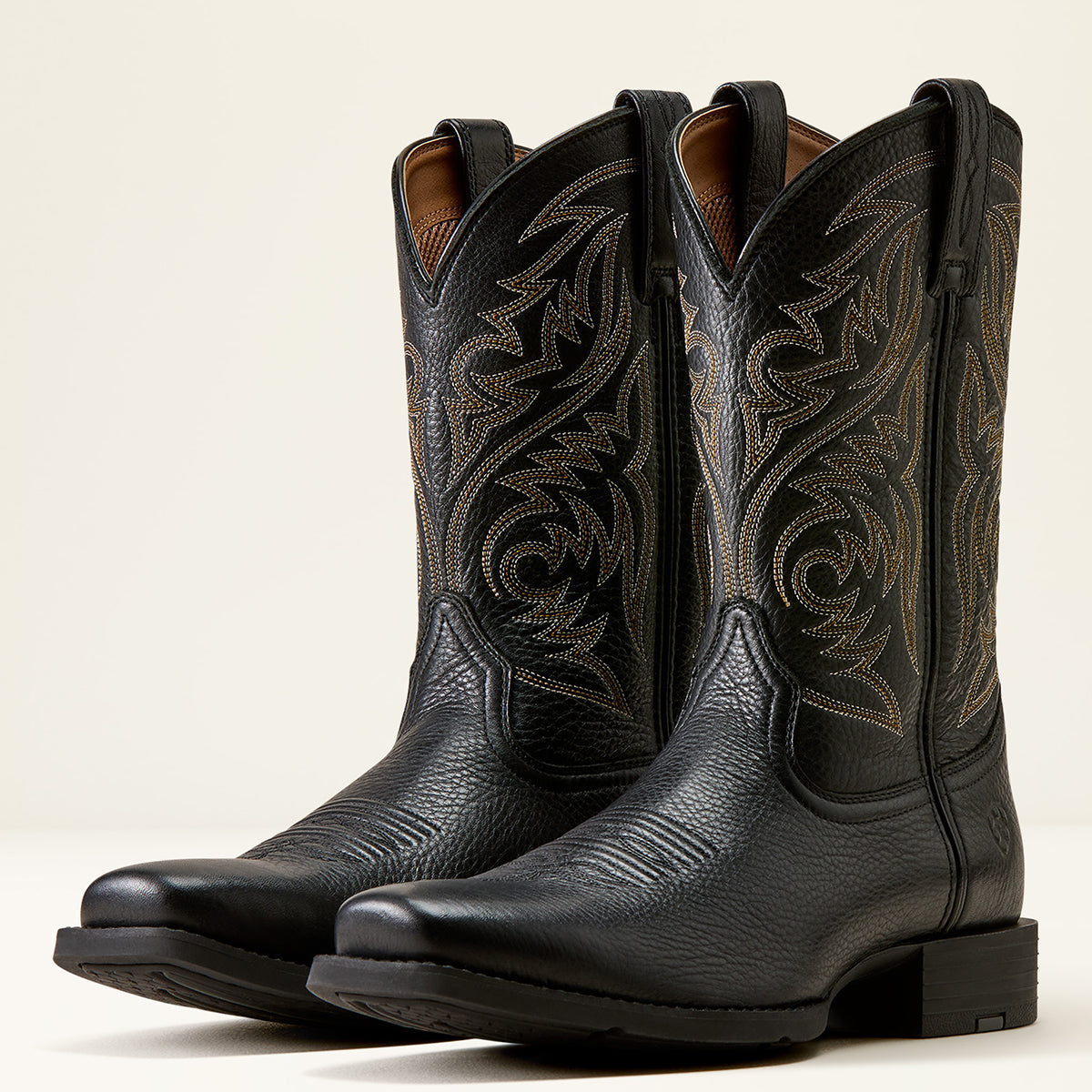 Ariat Men's Sport Herdsman black pebbled Deertan leather Western boots with square toe, olive-gold embroidery, and Duratread outsole.