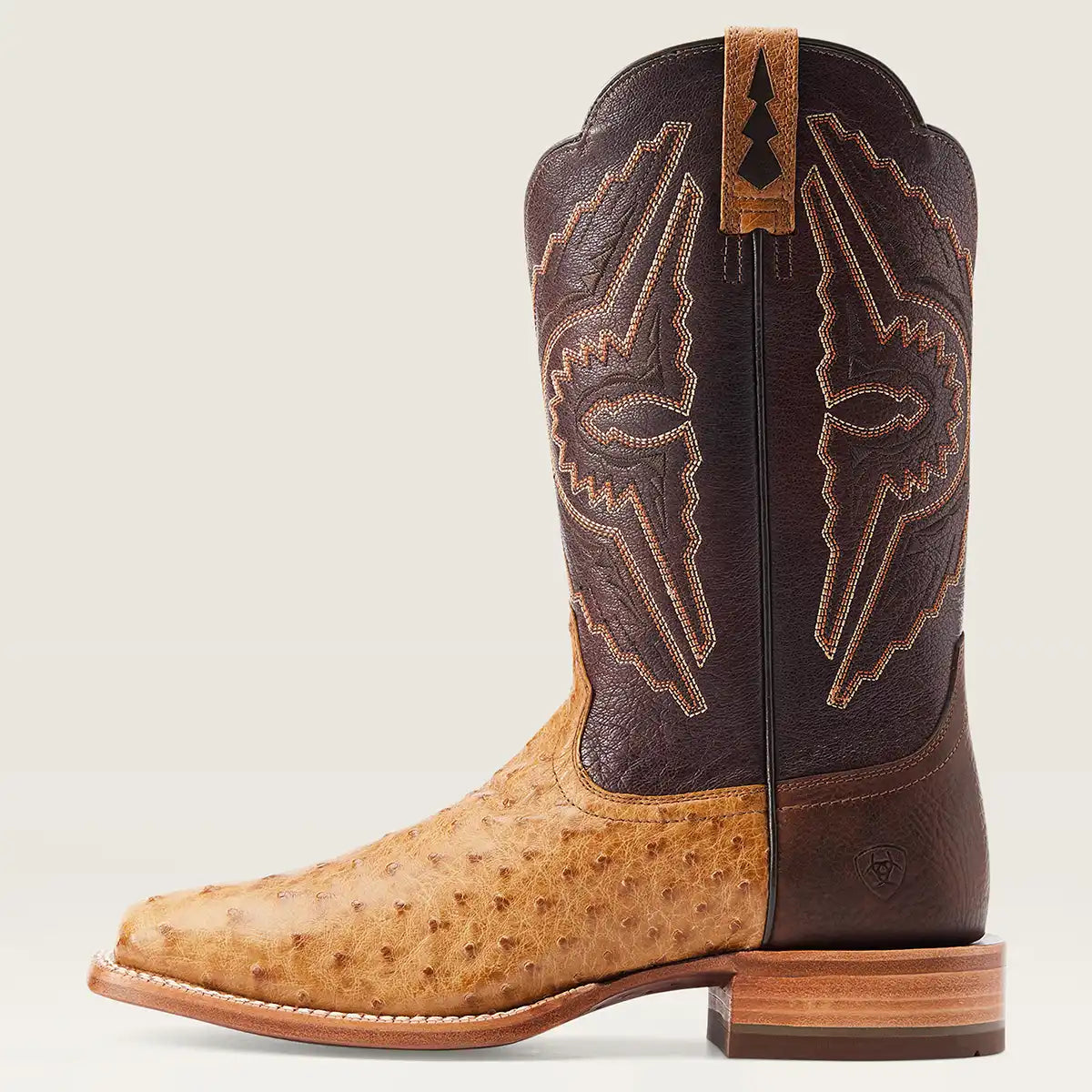 Side view of Ariat Men's Antique Saddle Western boots featuring a full-quill ostrich foot, bullhide heel counter, and dark brown embroidered shaft.