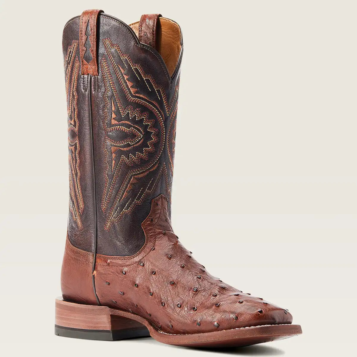Side profile of the Ariat Men's Broncy Western boot featuring a cinnamon full-quill ostrich foot and embroidered leather shaft.
