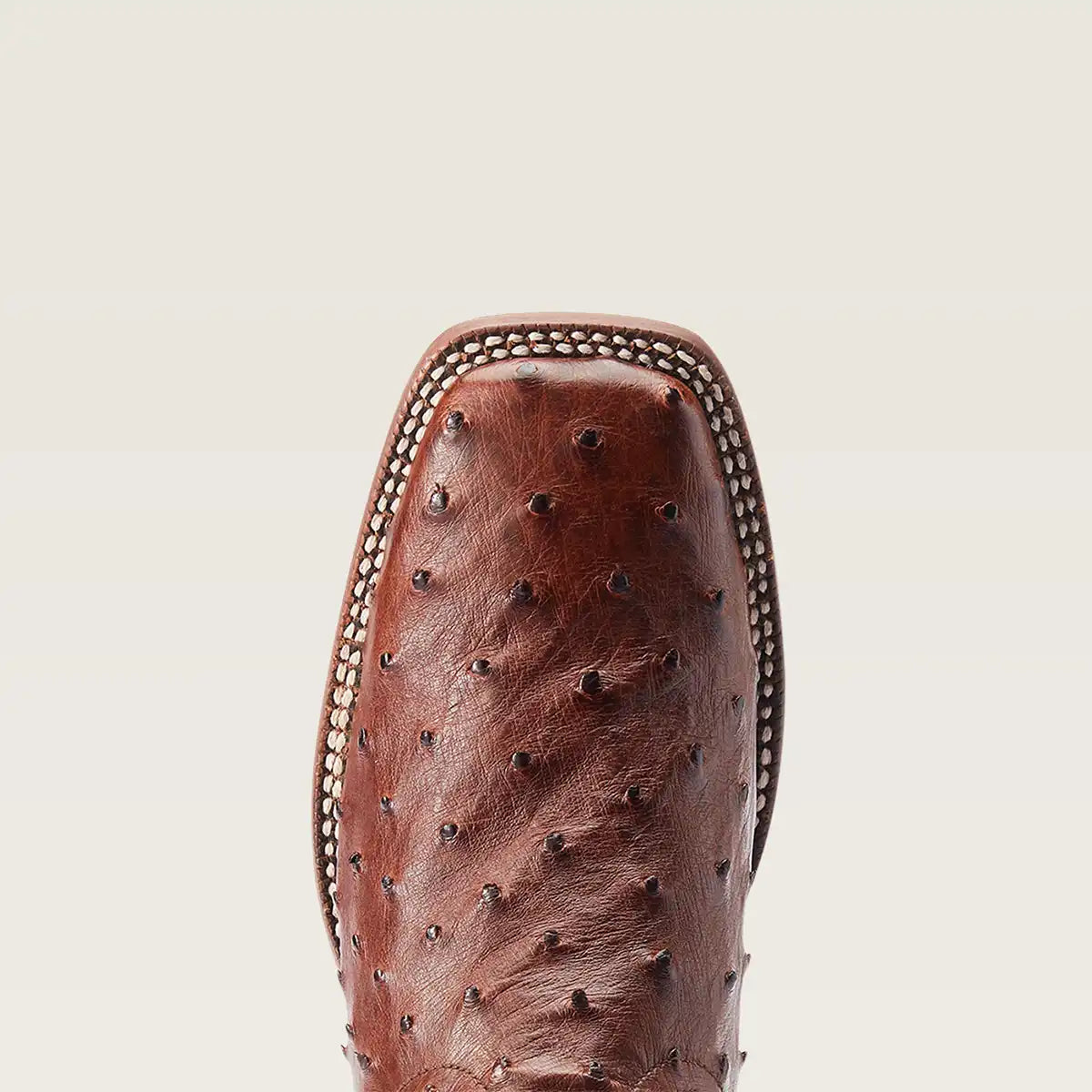 Close-up of a brown ostrich leather boot square toe with decorative metal studs along the edge, set against a light beige background.