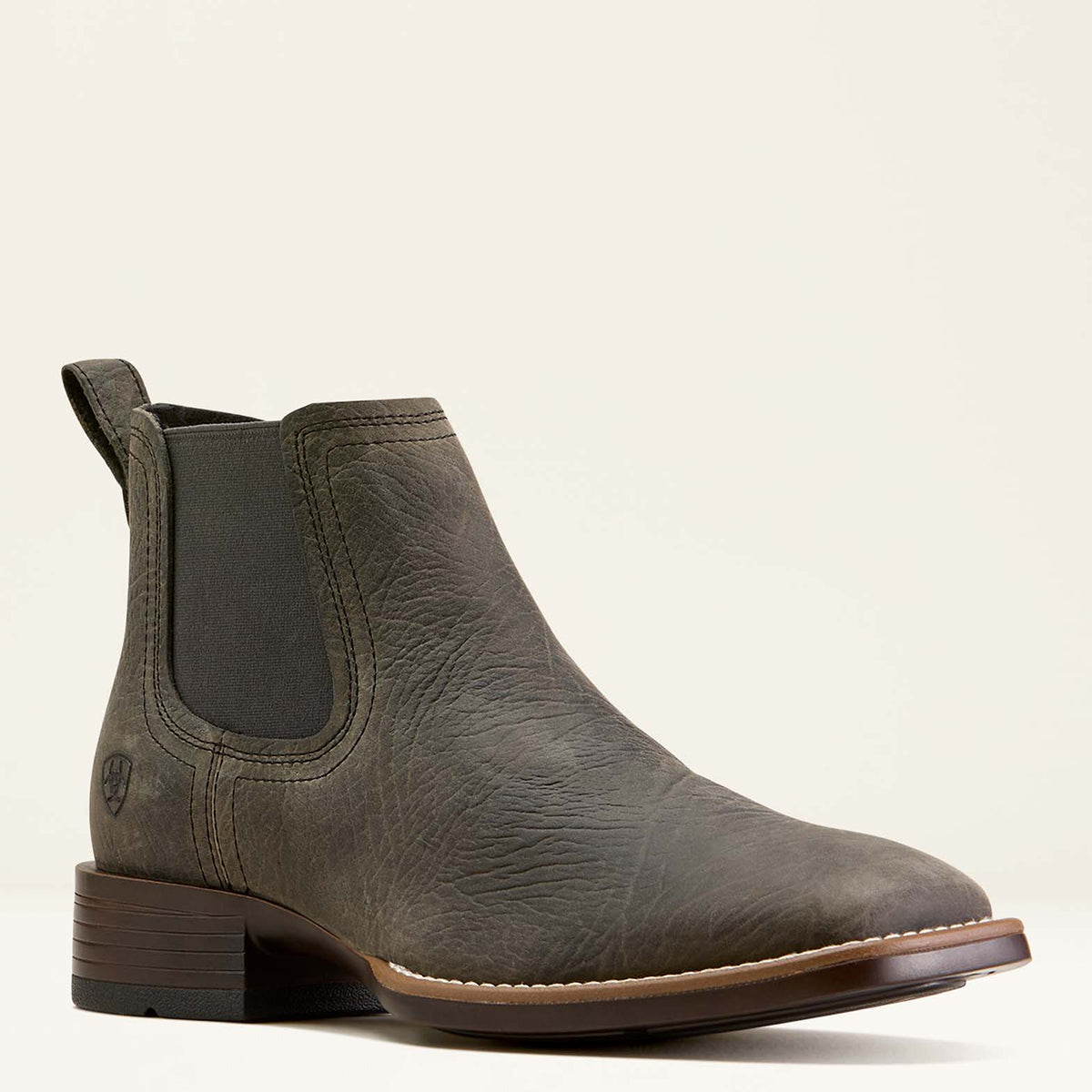 Ariat men’s Booker Chelsea square toe boots in gray hippopotamus print leather featuring elastic side gores, a double-stitched welt, and a stockman heel.