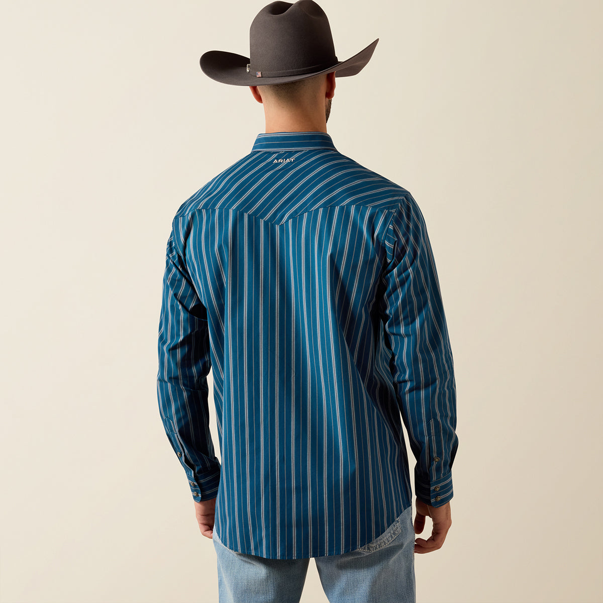 A man viewed from behind wearing a blue and teal vertically striped long-sleeve western shirt, a brown cowboy hat, and light blue jeans against a solid beige background.