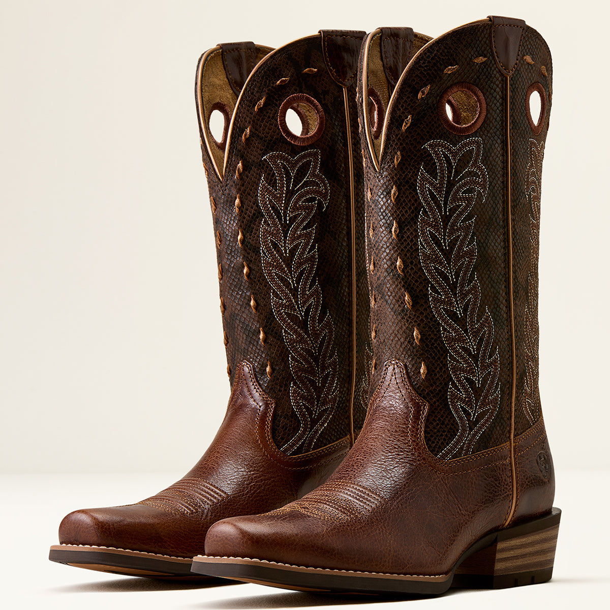 Ariat Women’s Lucera Performance Western Boots in brown full-grain leather featuring a textured upper shaft with pull holes, whip-stitched topline, and a square toe.