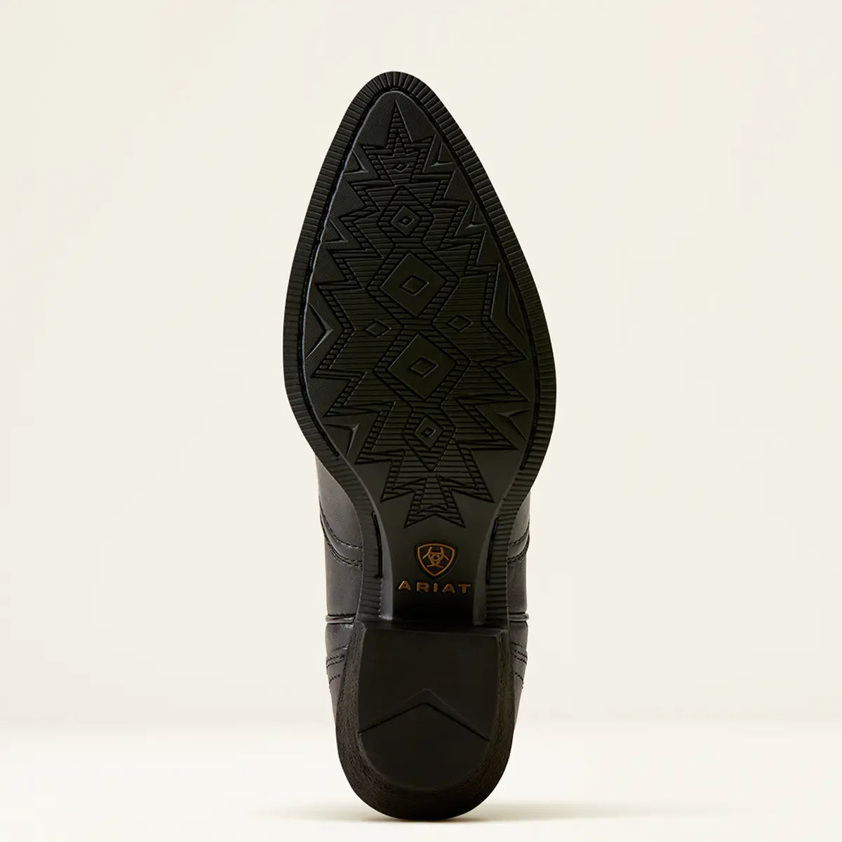 Underfoot view of the Ariat Duratread rubber outsole displaying the geometric traction tread and branded shield logo.