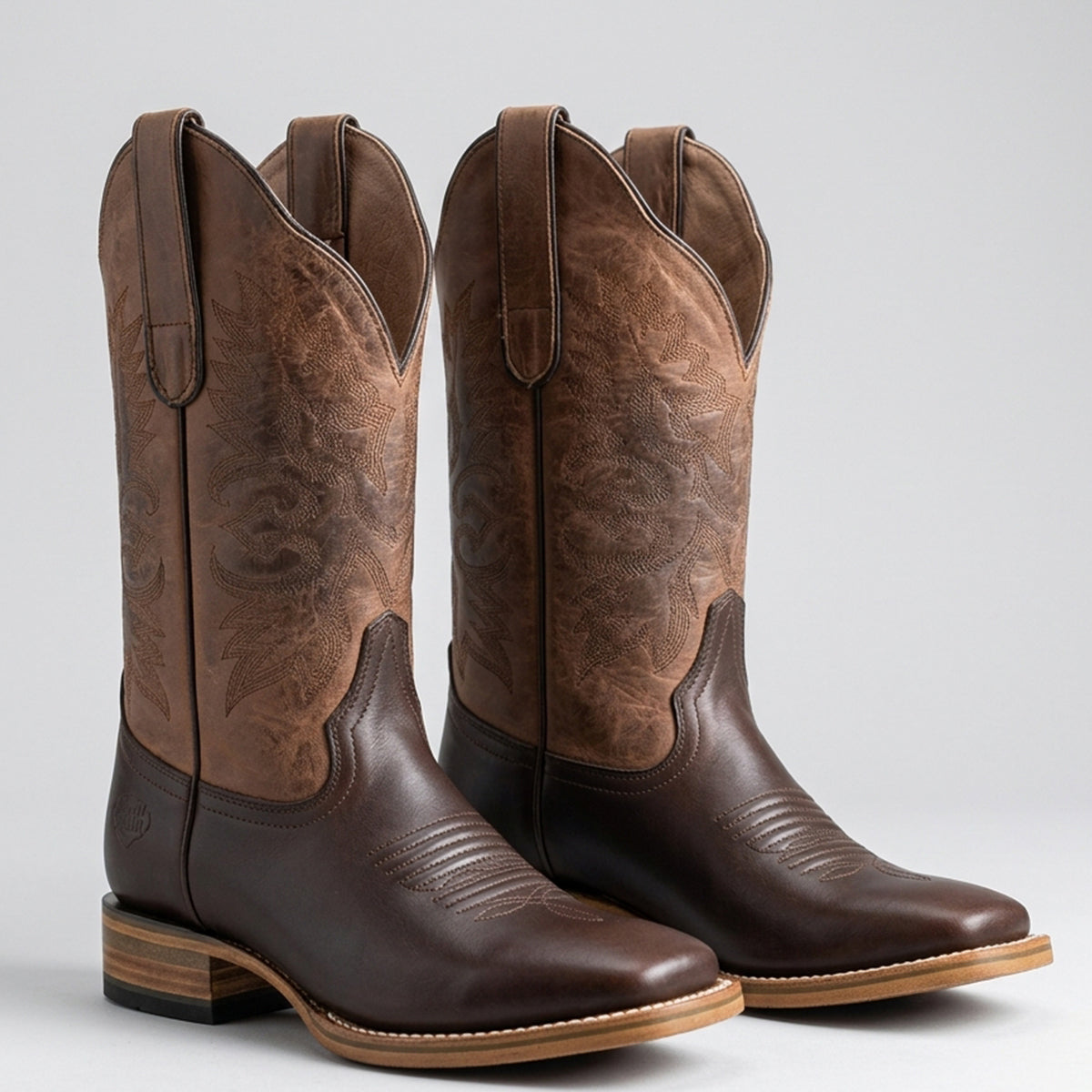 White diamonds brown leather square toe cowgirl boots.
