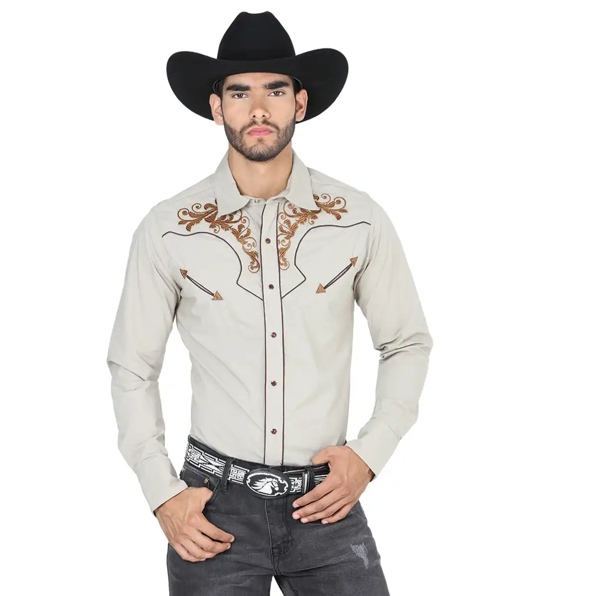 Studio front view of a man wearing El General Men's khaki long sleeve Western shirt with brown scroll embroidery, brown piping, and cowboy hat.
