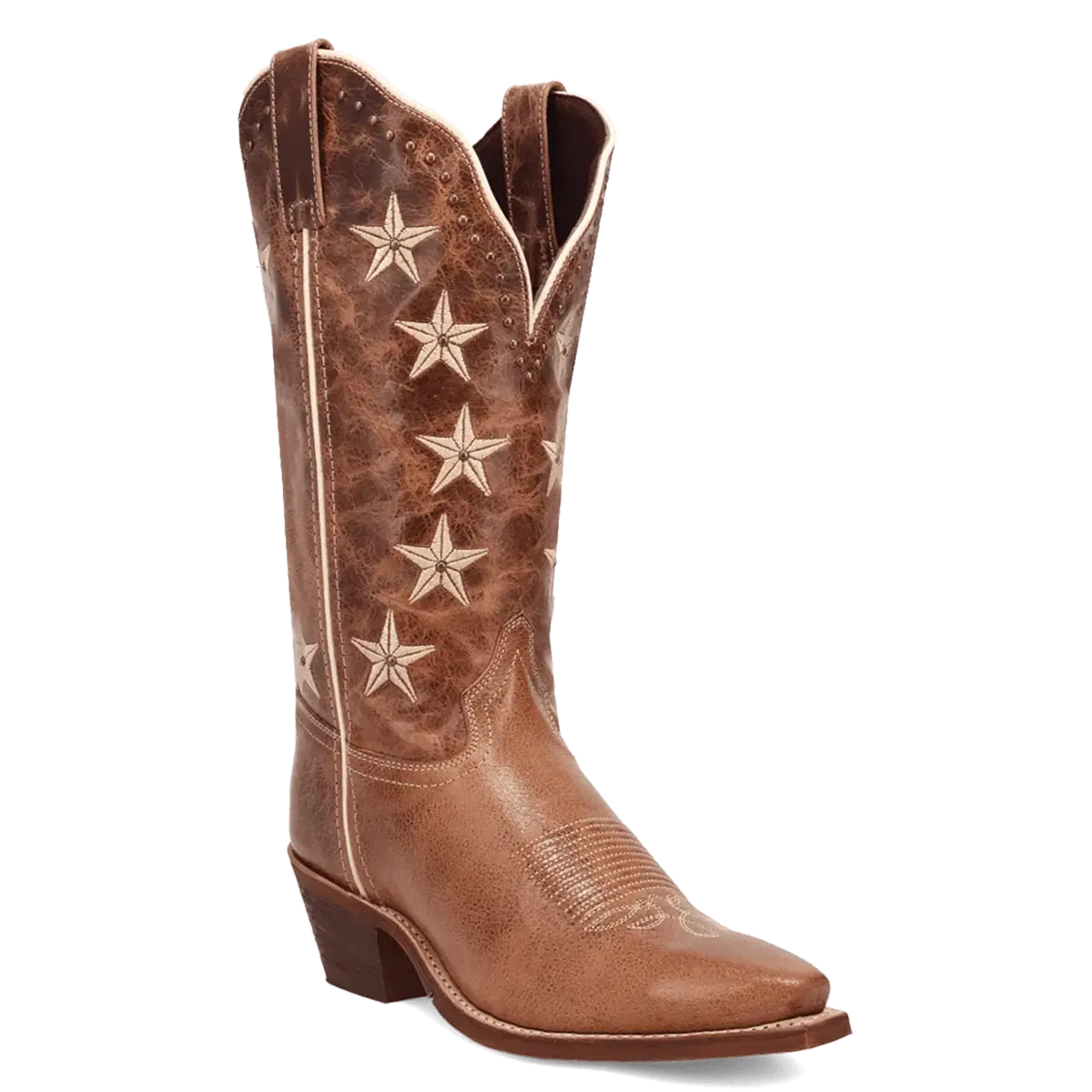 Three-quarter studio profile view of a single Laredo Women's Serenade brown leather cowgirl boot displaying the star stitching, metallic studs, and snip toe.