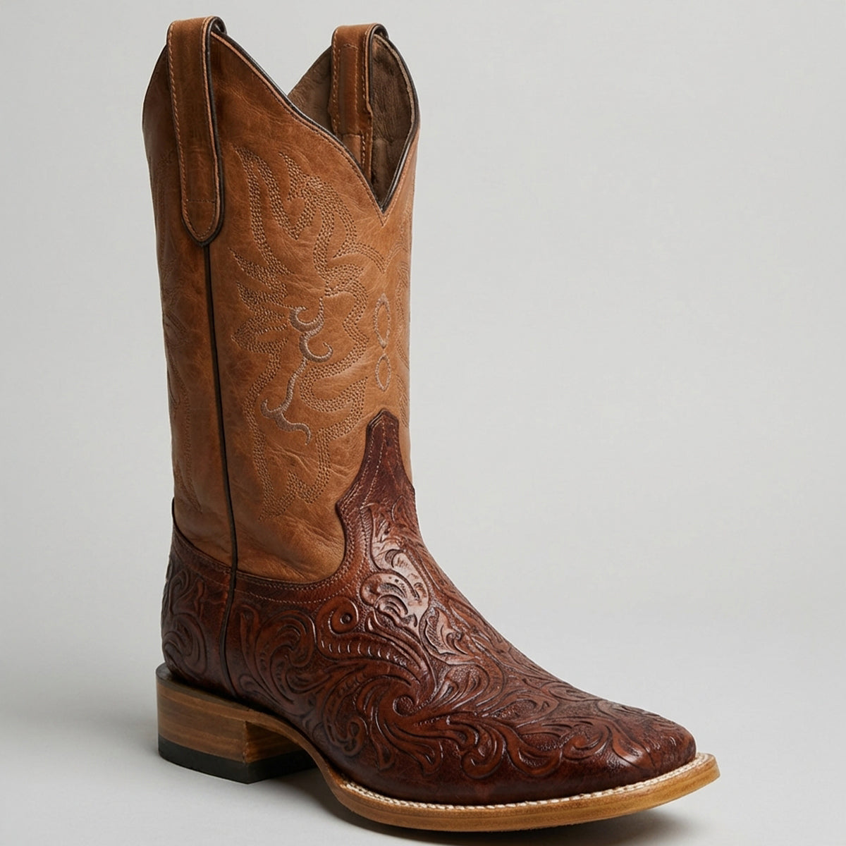 White Diamonds Men's Cognac Brown Hand-Tooled Western Square Toe Boot