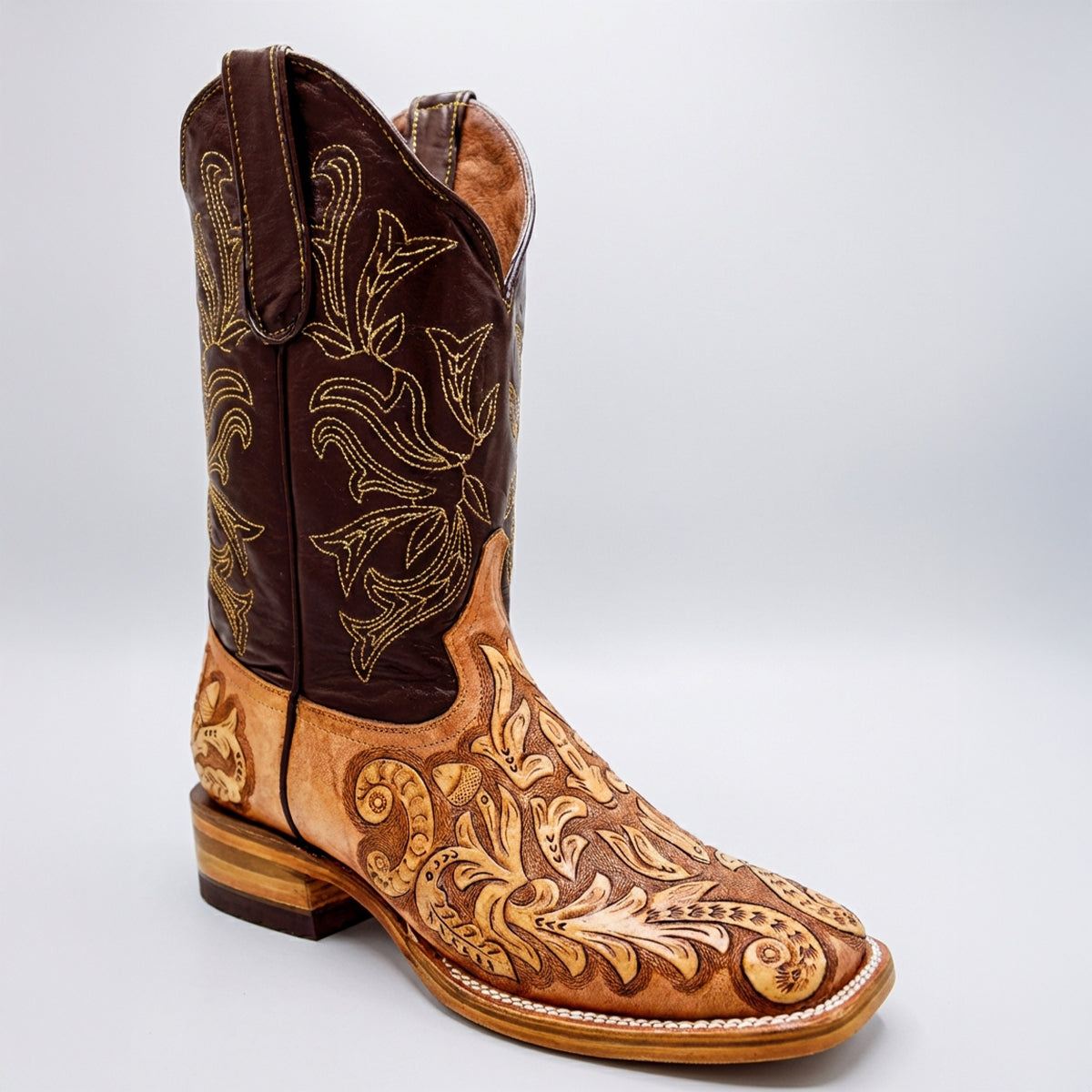 Men's Natural Hand-Tooled Western Square Toe Boot
