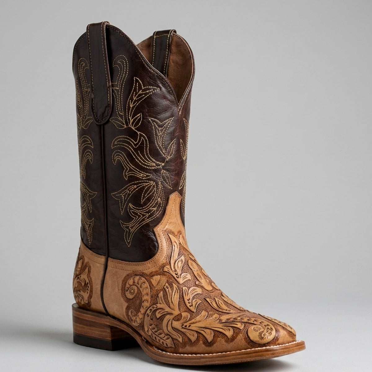 White Diamonds men's natural color hand tooled square toe cowboy boot.