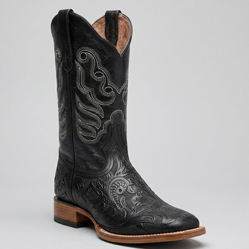 Men's Black Hand-Tooled Western Square Toe Boot