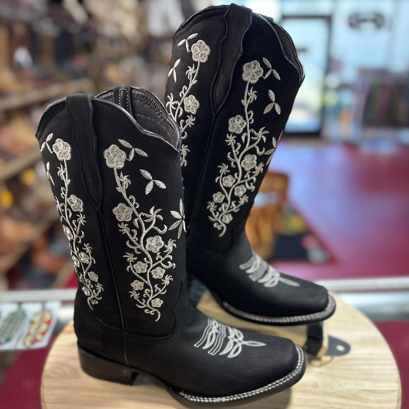 Flower Embroidered Black Square Toe Boots