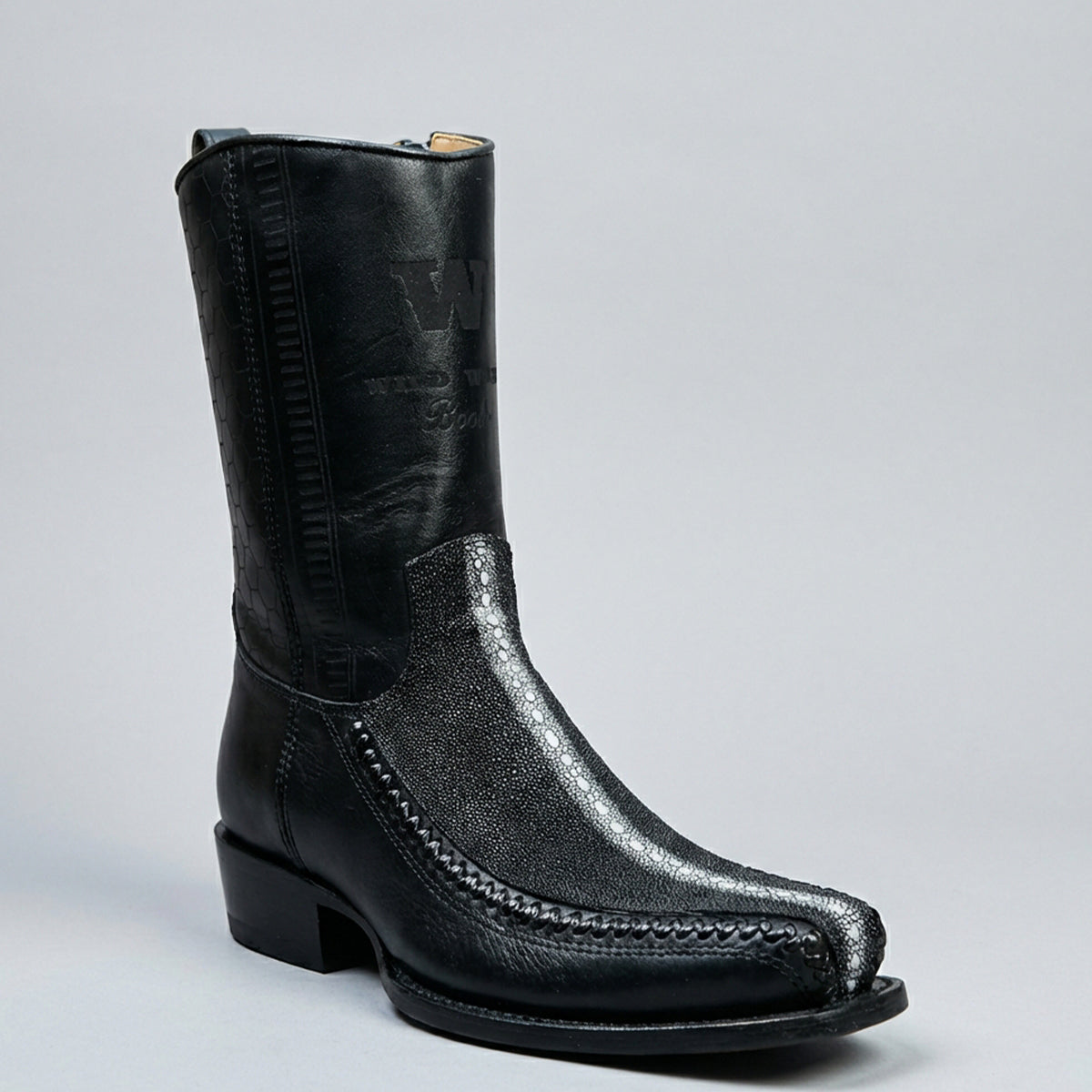 Wild West Men's Black Stingray RowStone Short Western Boots Square Toe
