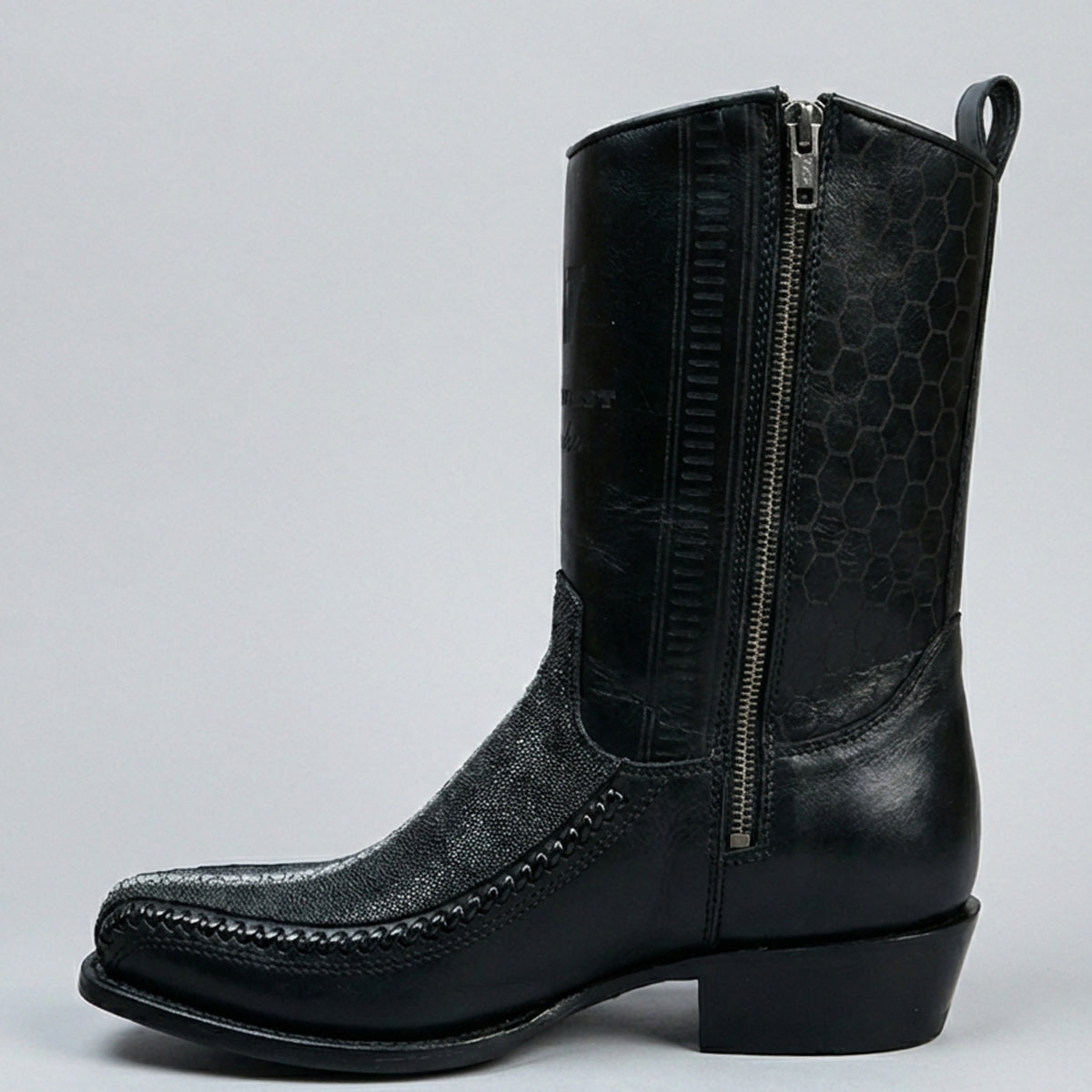 Side View Wild West Men's Black Stingray RowStone Short Western Boot 7X Square Toe