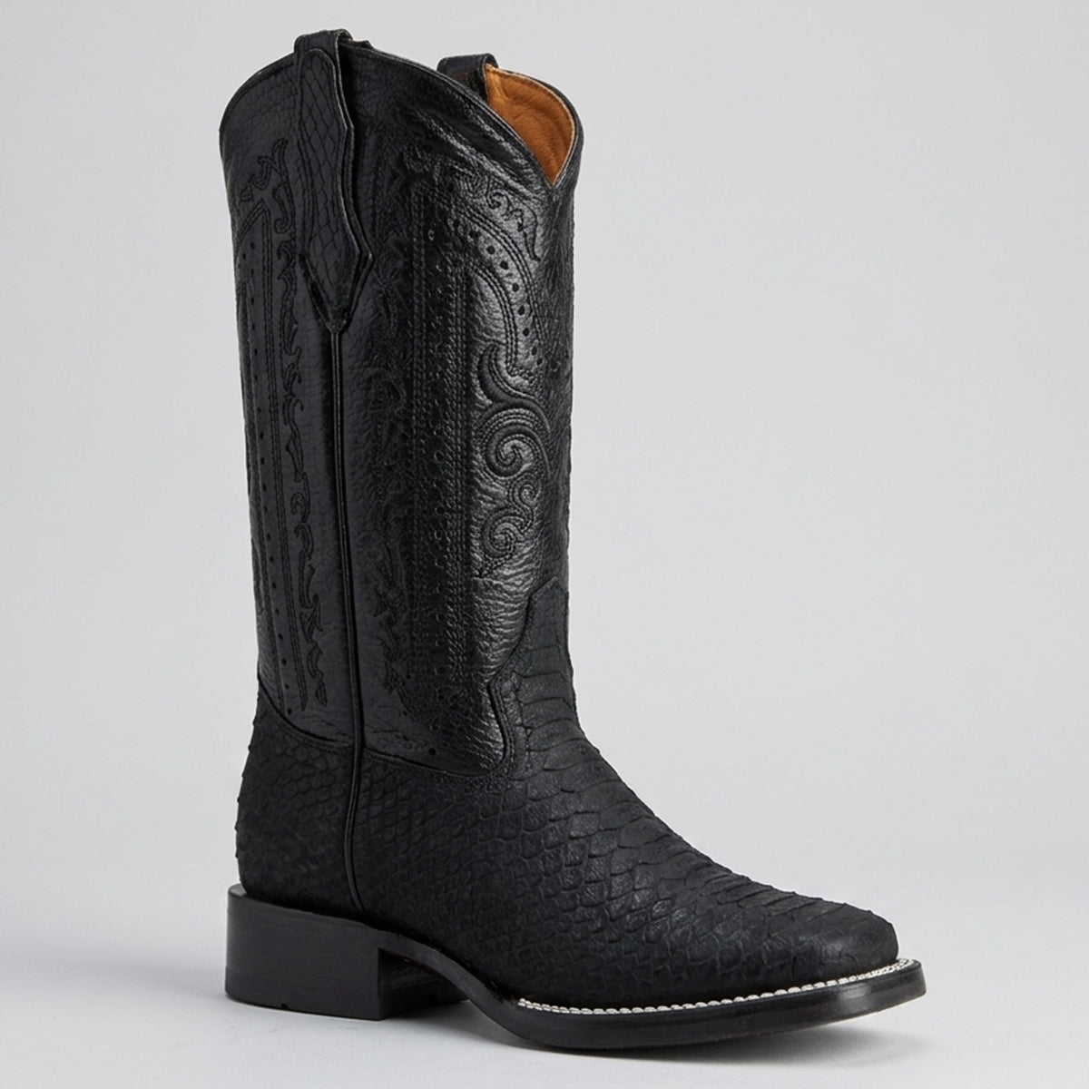 La Sierra women's black python print square toe cowgirl boots featuring textured scale-embossed leather vamp and embroidered 12-inch shaft.