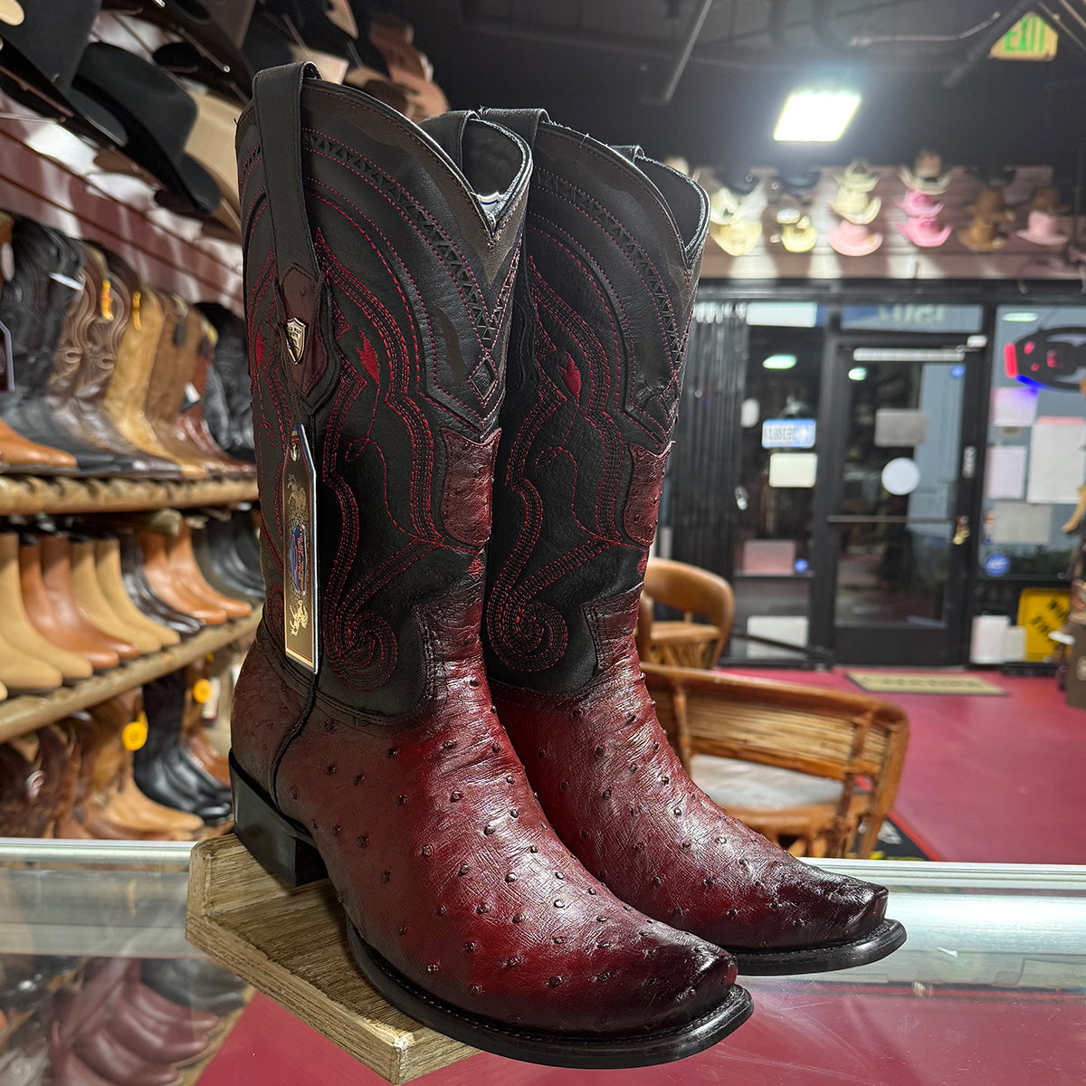 Wild West Burgundy Ostrich Boots Dubai Square Toe