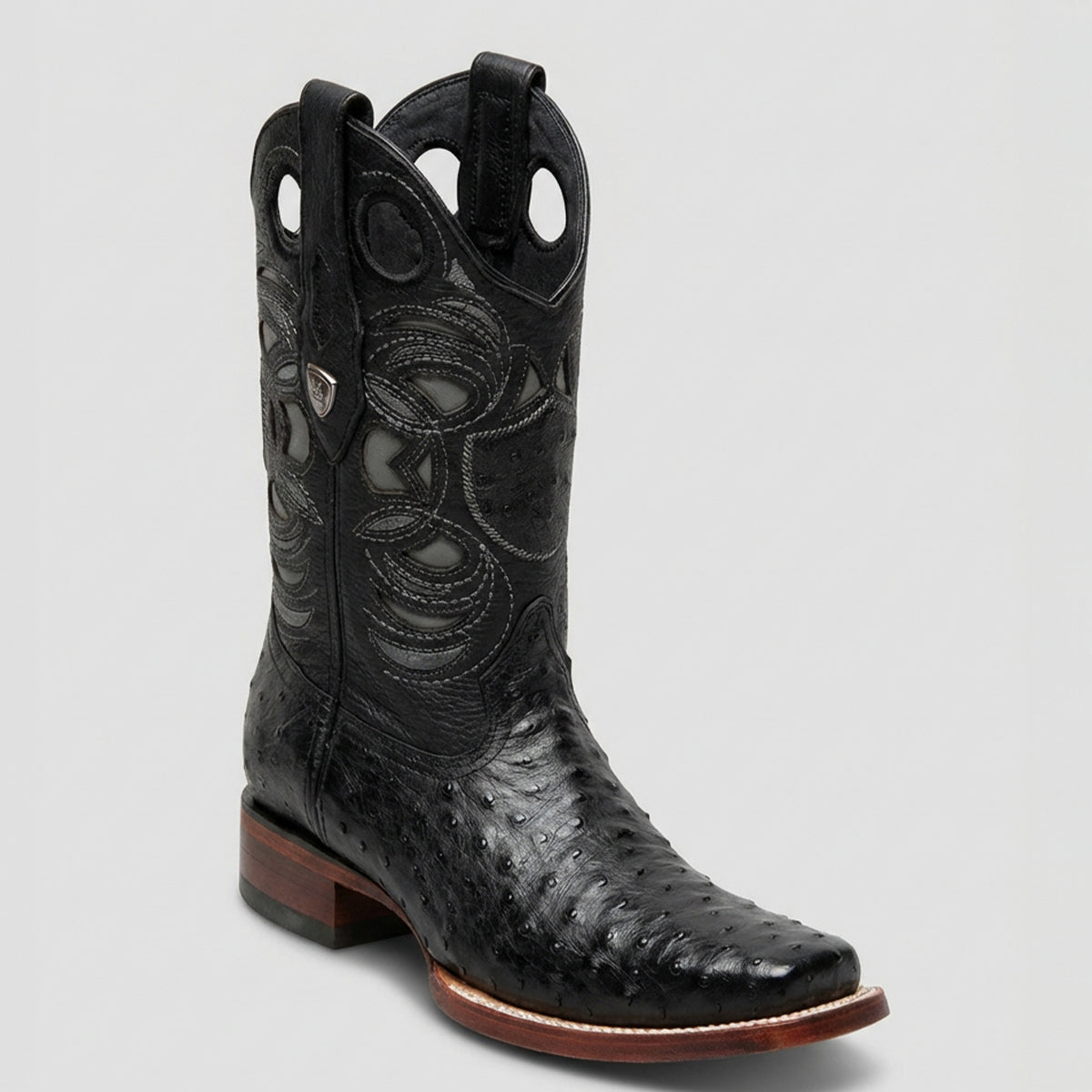 Wild West men's black full quill ostrich leather western boot square toe profile.