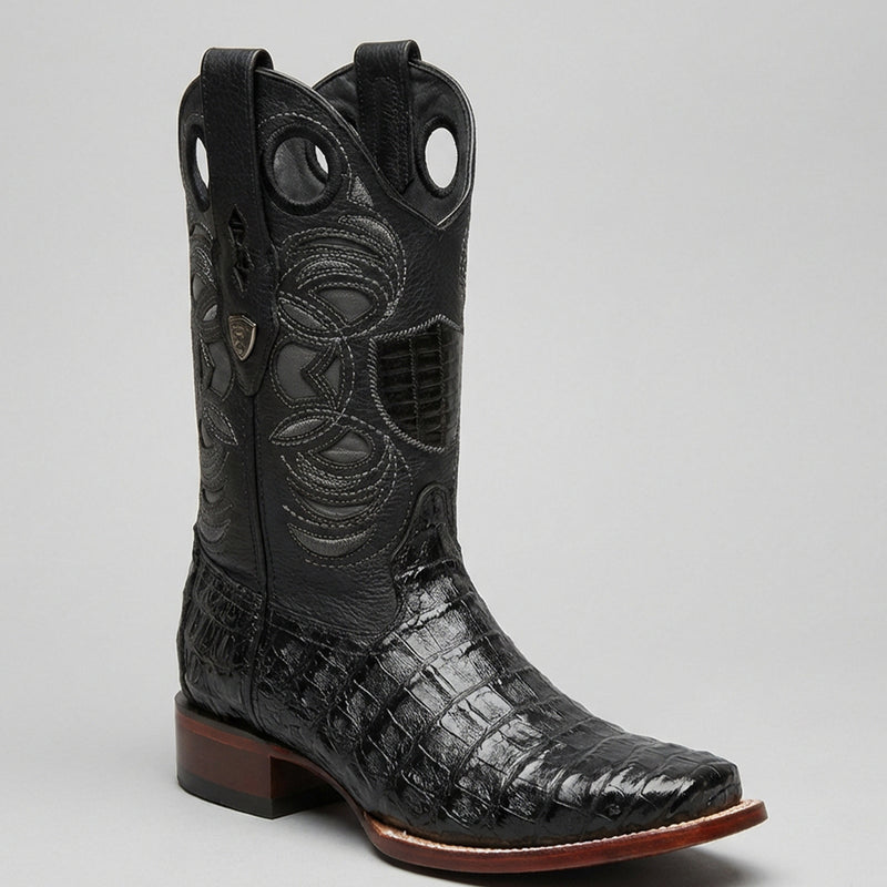 Wild West Men's Black Caiman Belly Square Toe Cowboy Boot