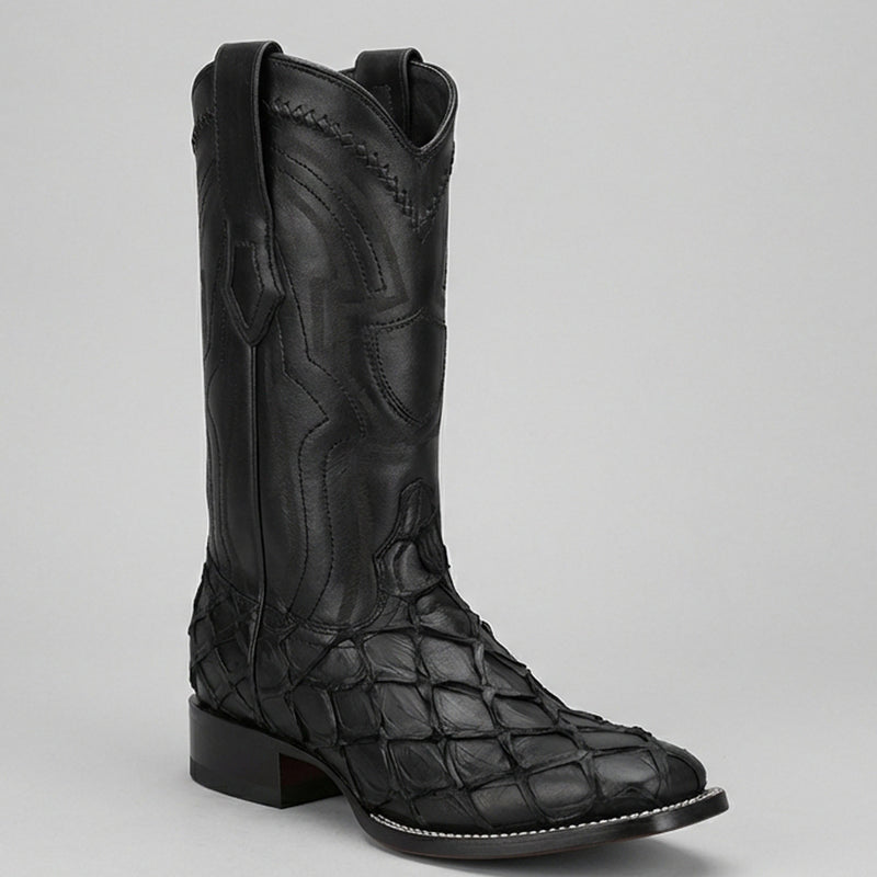 Wild West Men's Matte Black Pirarucu Square Toe Cowboy Boot