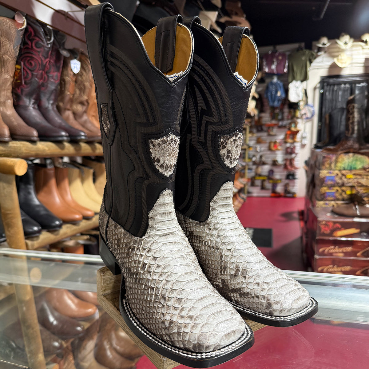 Wild West Python Skin Square Toe Boots