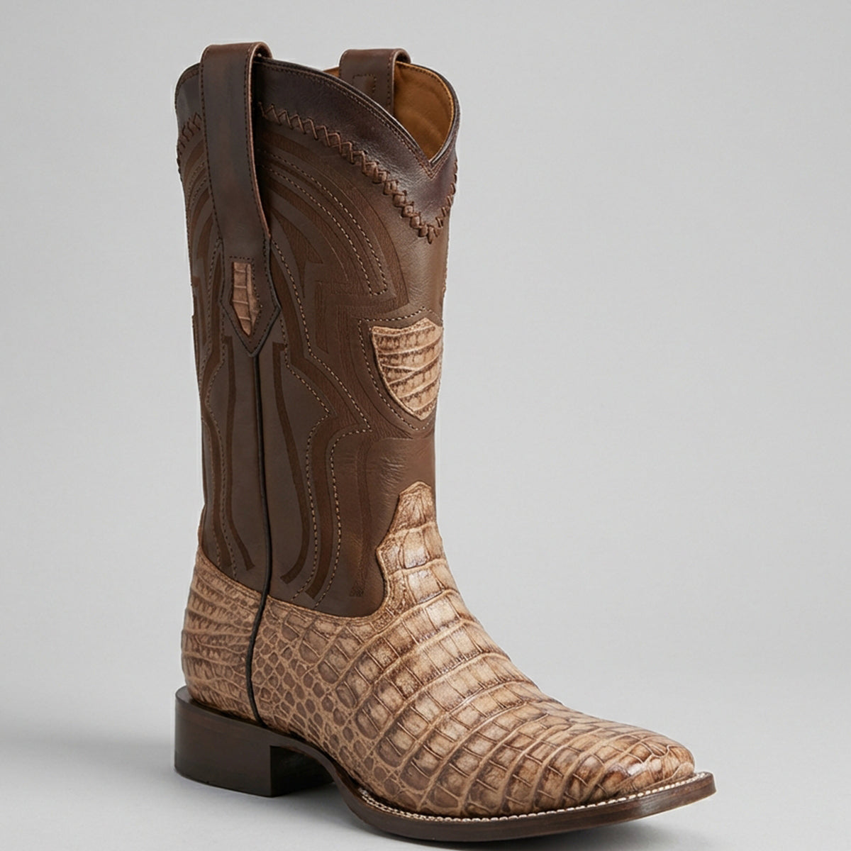 Wild West Men's Moka Brown Caiman Belly Wide Square Toe Cowboy Boot