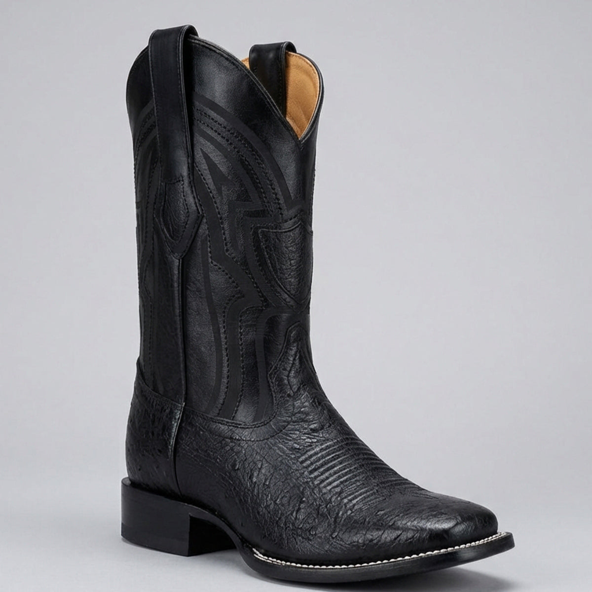Wild West Men's Black Ostrich Belly Western Boots Square Toe