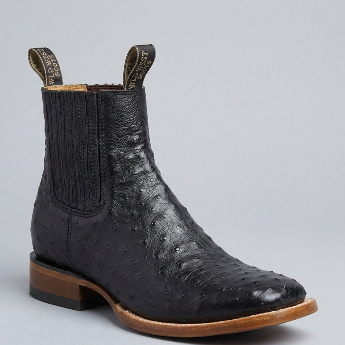 Wild West Men's Black Ostrich Square Toe Chelsea Western Boot