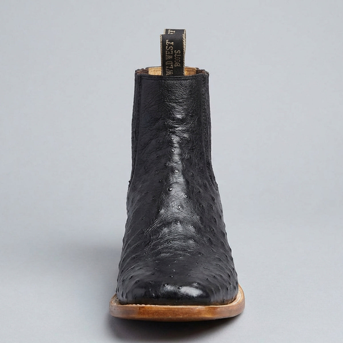Front View Wild West Men's Black Ostrich Square Toe Chelsea Western Boot