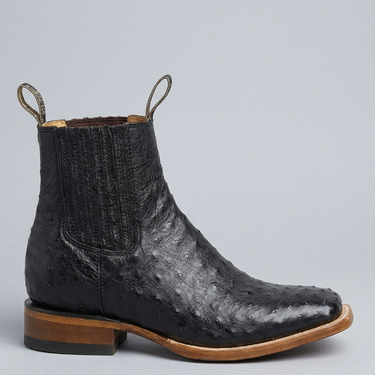 Side View Wild West Men's Black Ostrich Square Toe Chelsea Western Boot