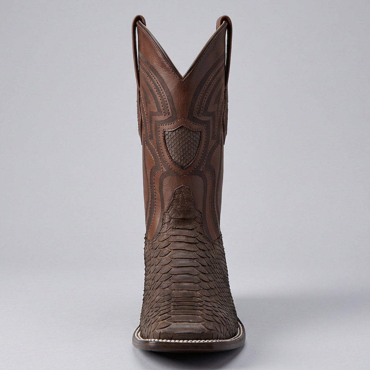 Front view of Wild West Men's Nubuck Brown Python Wide Square Toe Cowboy Boot