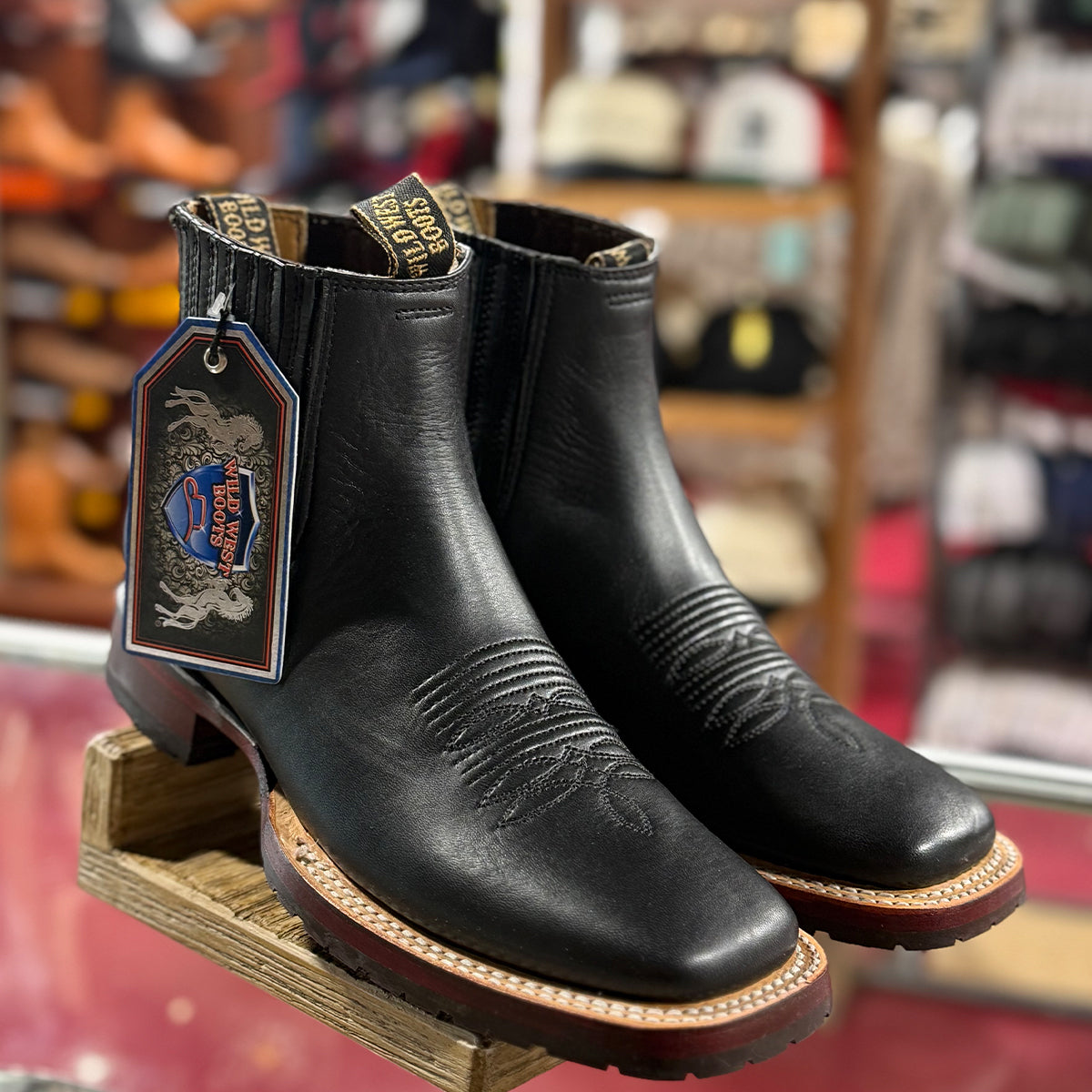 Wild West Belmont men's black square toe Chelsea western boots.