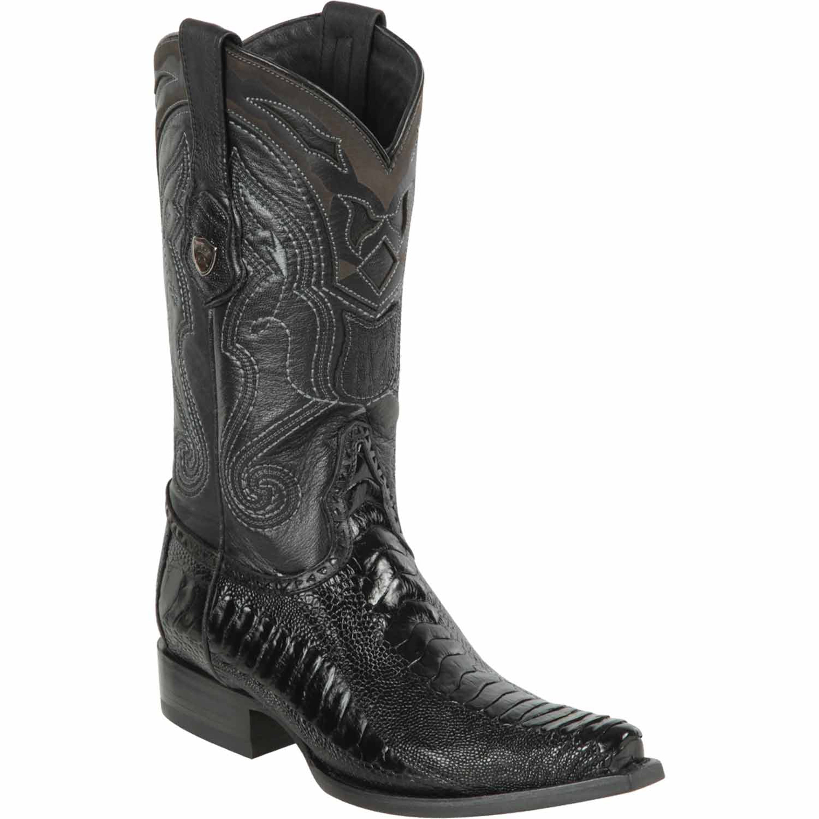 Black ostrich leg western boot snip toe