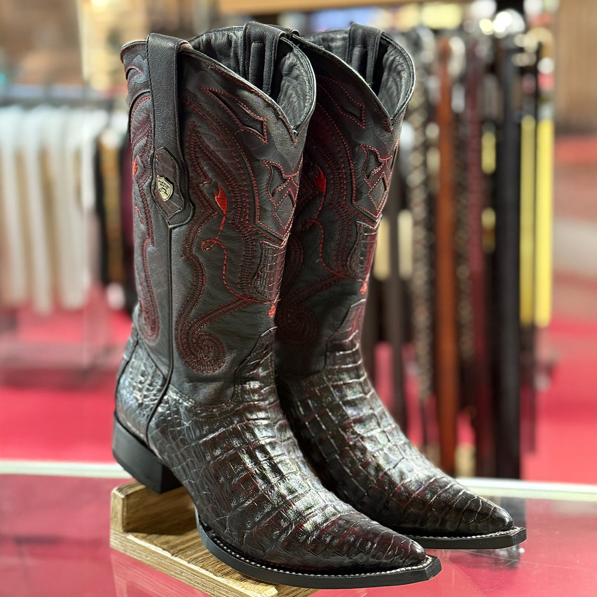Wild West Black Cherry Caiman Cowboy Boots Pointy Toe