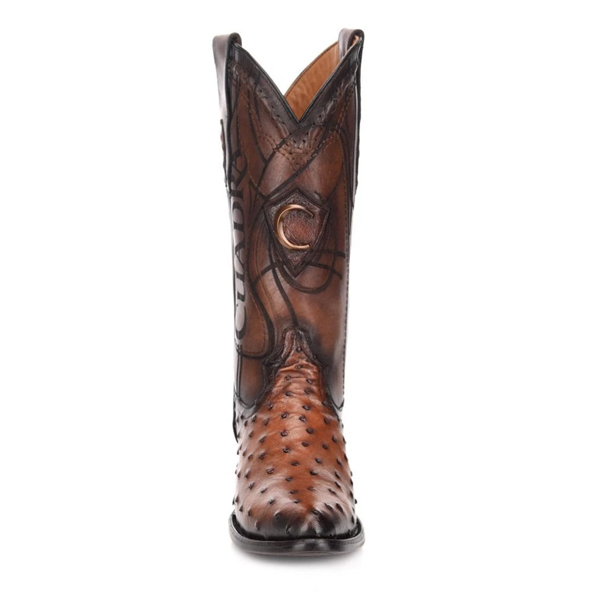 Front view of Cuadra men's brandy brown full quill ostrich western boot r-toe profile.