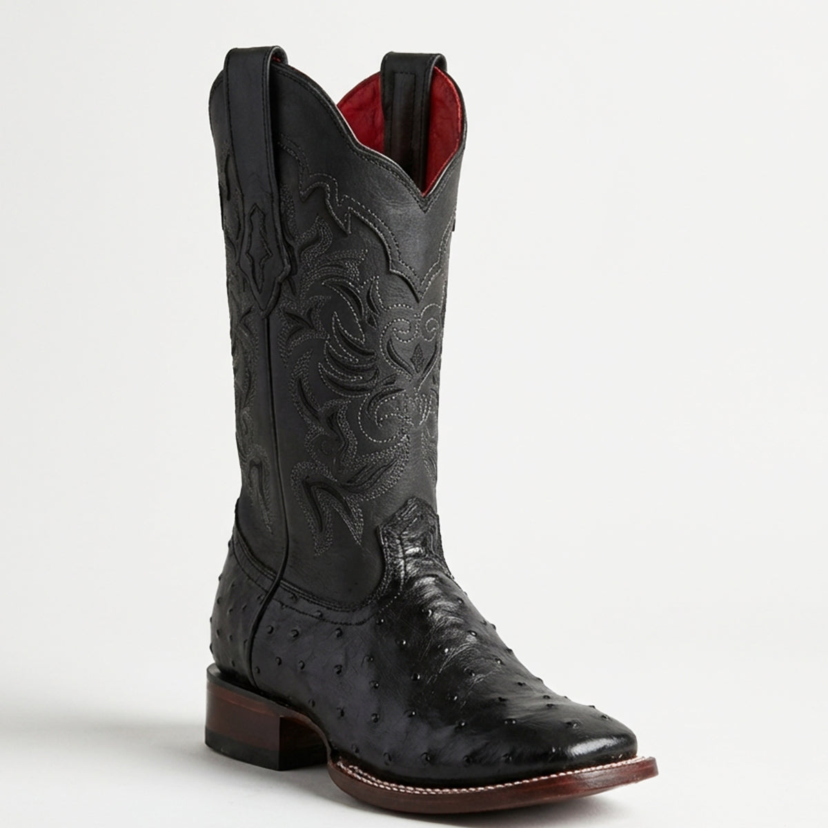 Los Altos Women's black full quill ostrich leather wide square toe cowgirl boot.