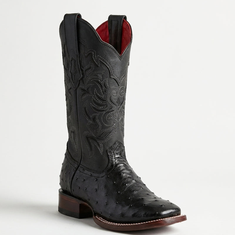 Los Altos Women's black full quill ostrich leather wide square toe cowgirl boot.