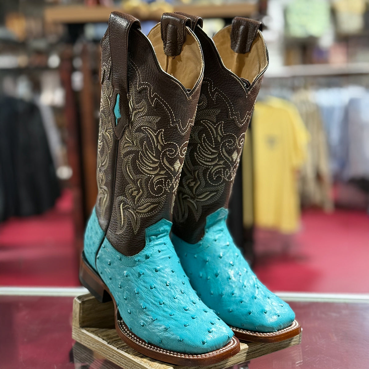 Turquoise Square Toe Ostrich Cowgirl Boots
