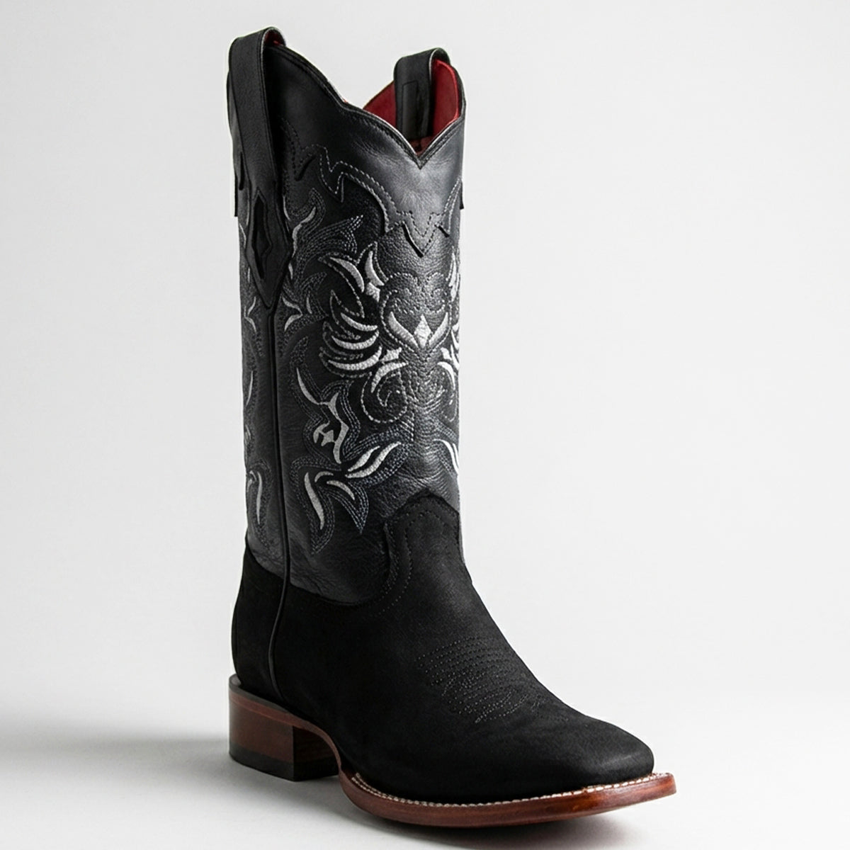 Los Altos women's black nubuck leather square toe cowboy boot.