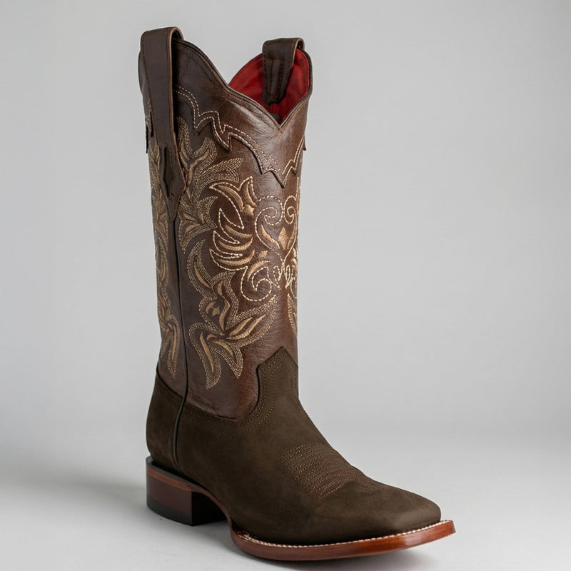 Los Altos women's brown nubuck leather wide square toe cowboy boot.