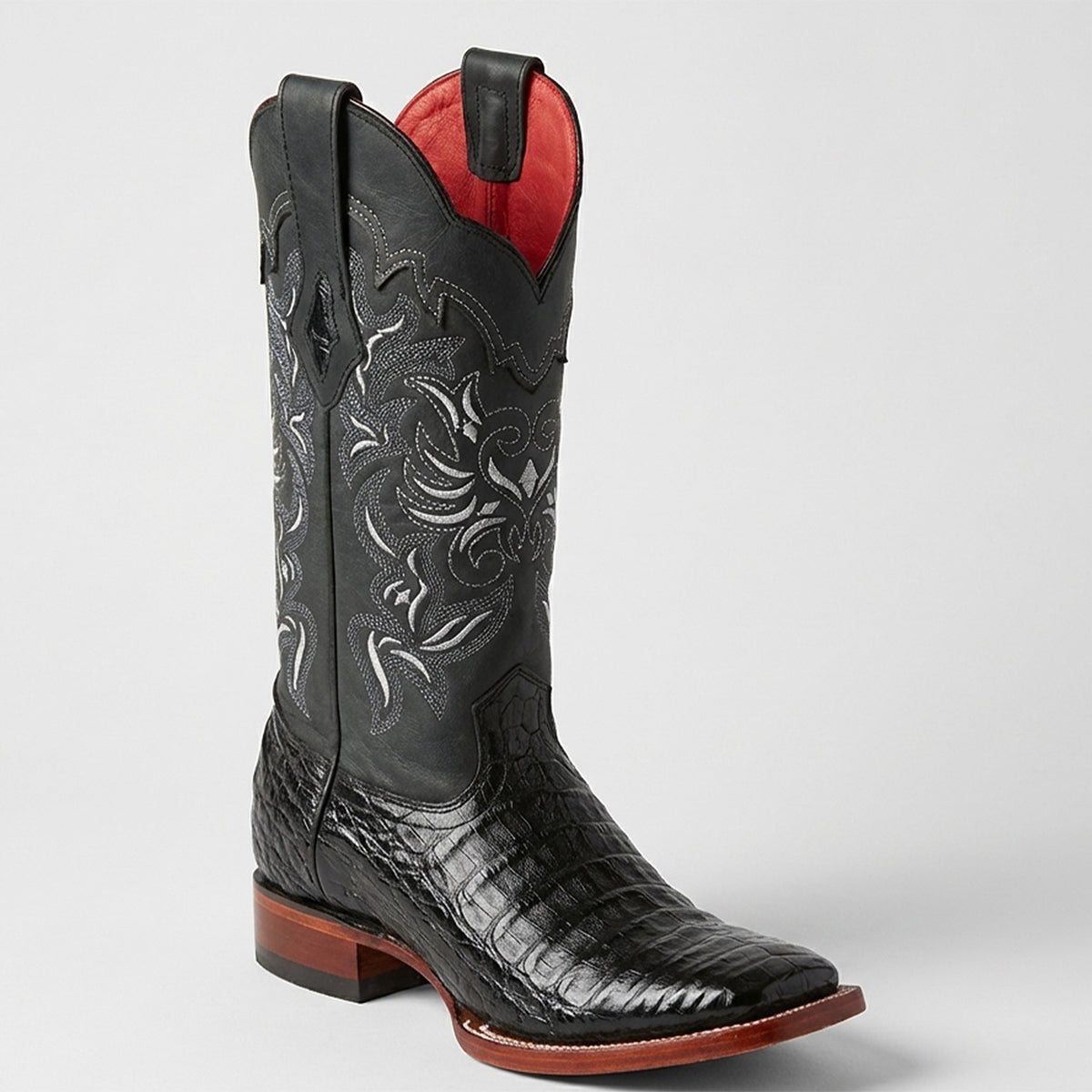 Los Altos women's black caiman belly leather wide square toe cowboy boot.