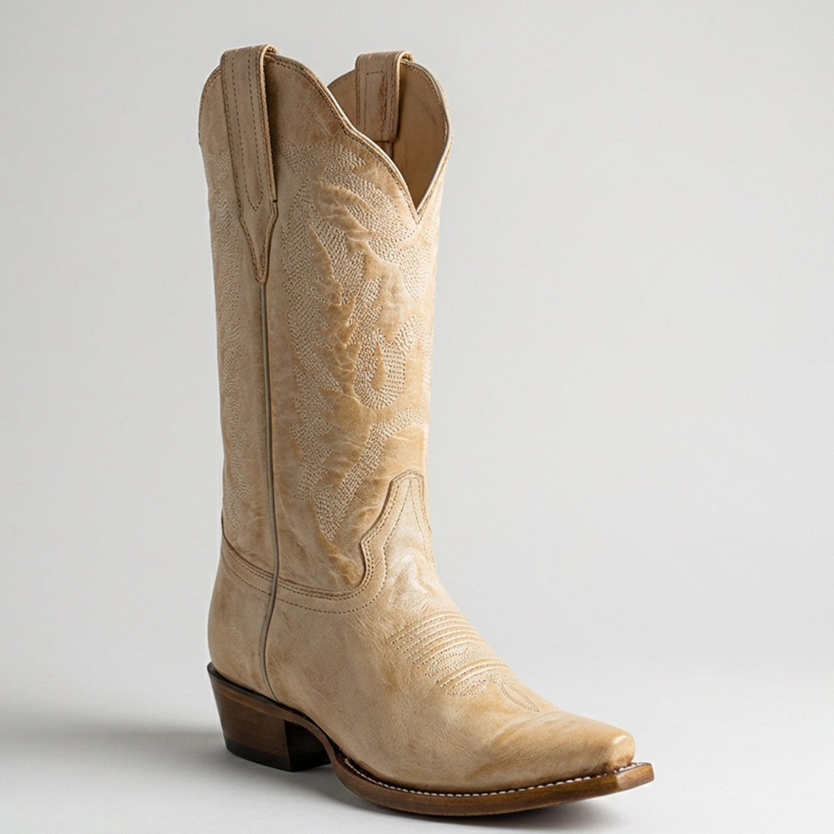 Los Altos women's light brown leather cowboy boot snip toe profile.