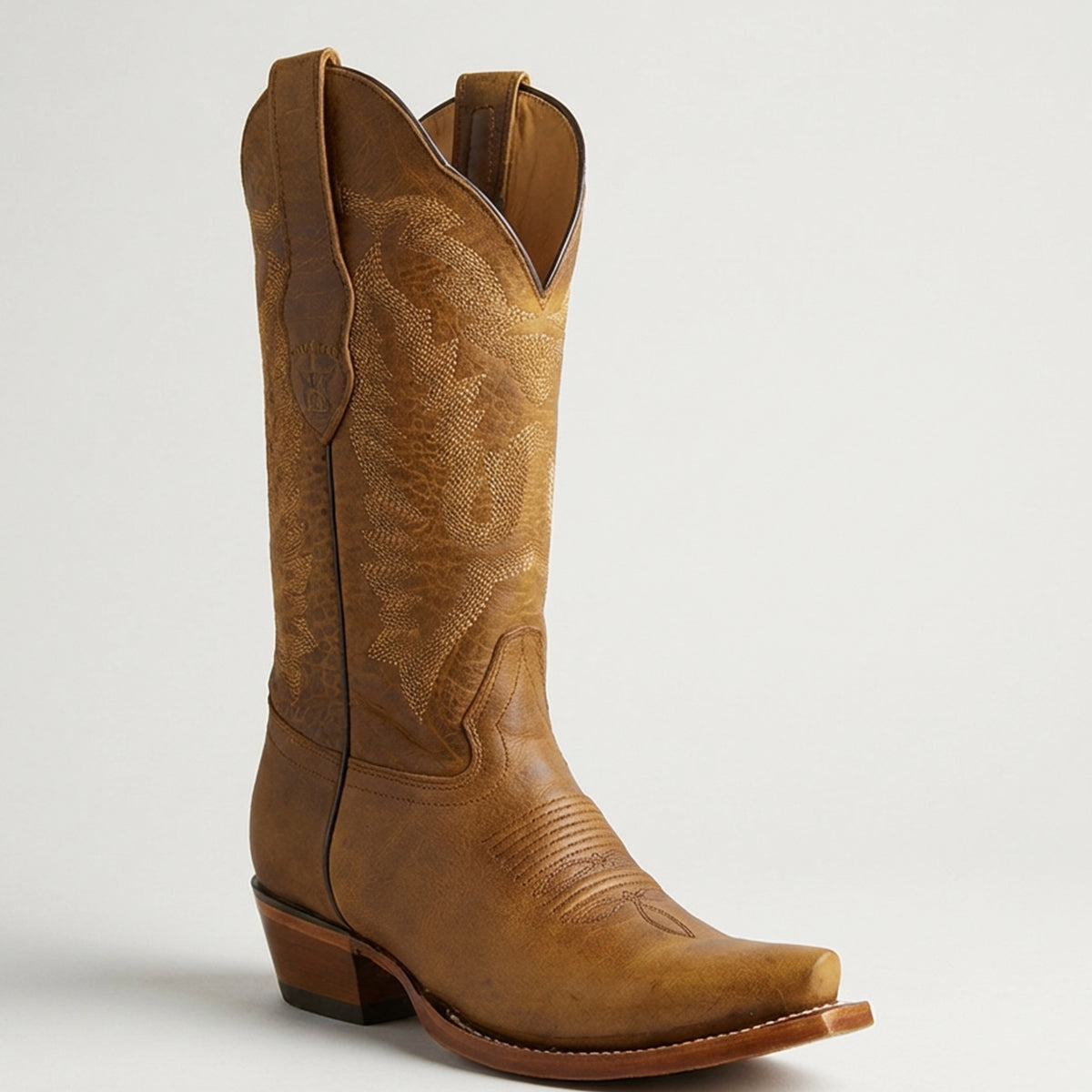 Los Altos women's light brown leather cowboy boot snip toe profile.