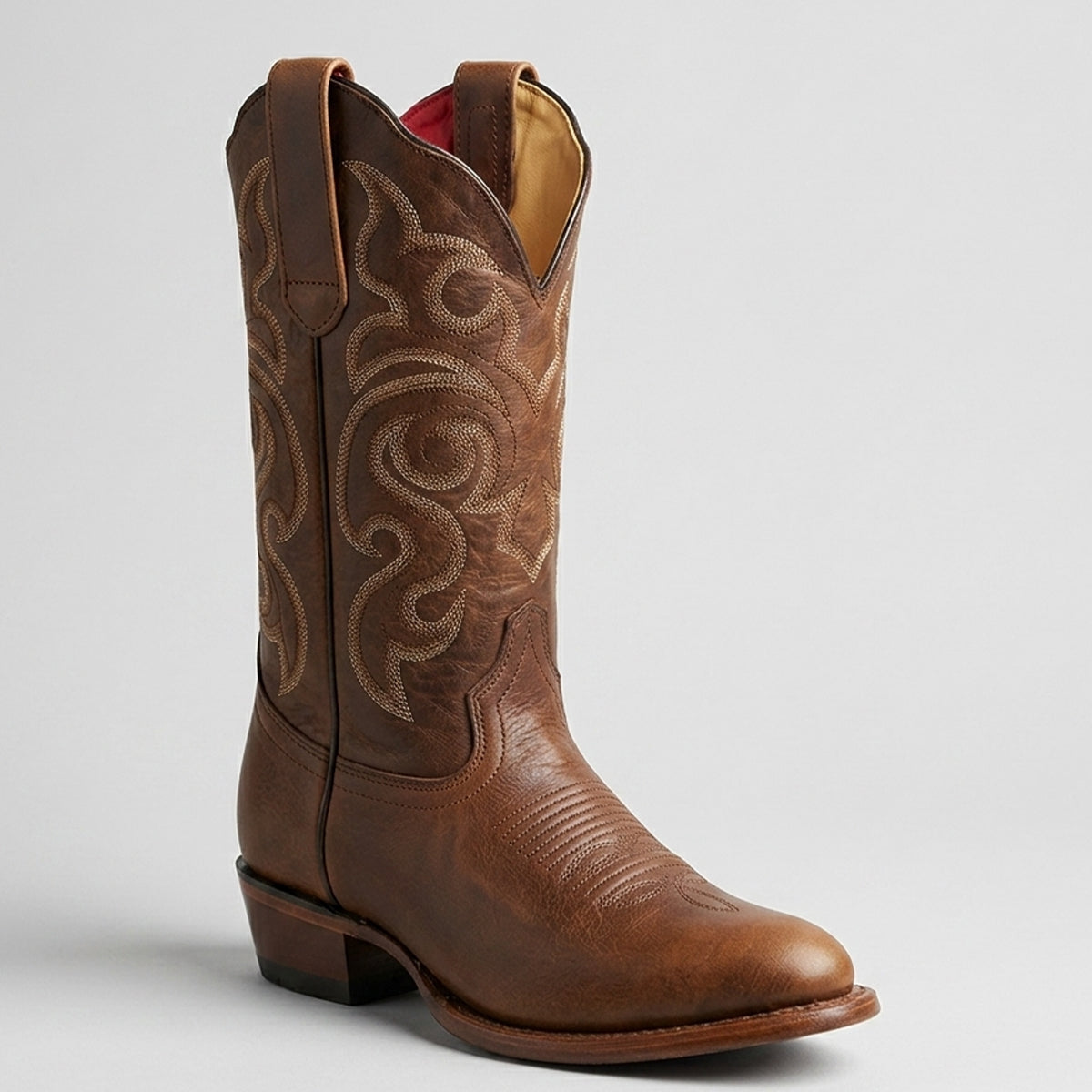 Los Altos women's walnut brown genuine leather cowgirl boot featuring a rounded oval R-toe, embroidered 12-inch shaft, and western heel.