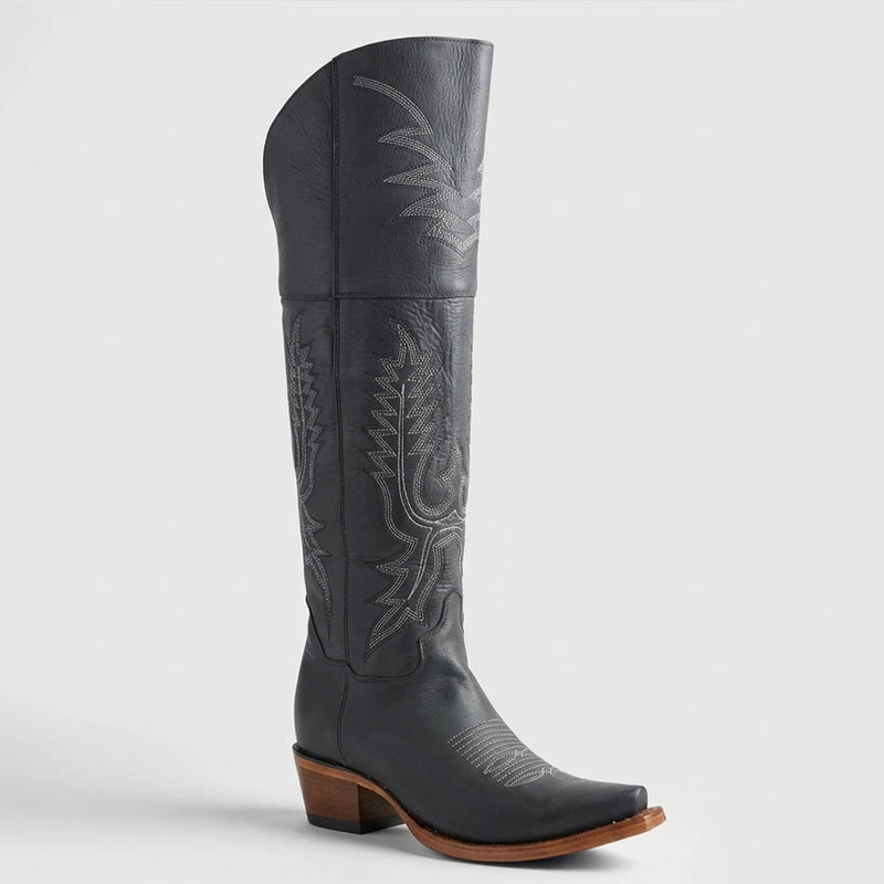 Los Altos women's black leather over the knew boot snip toe profile.