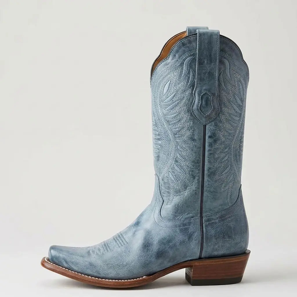 Side profile view of the Los Altos Women's Vintage Blue Cutter Toe boot highlighting the 3-inch Western heel and clean leather outsole construction.