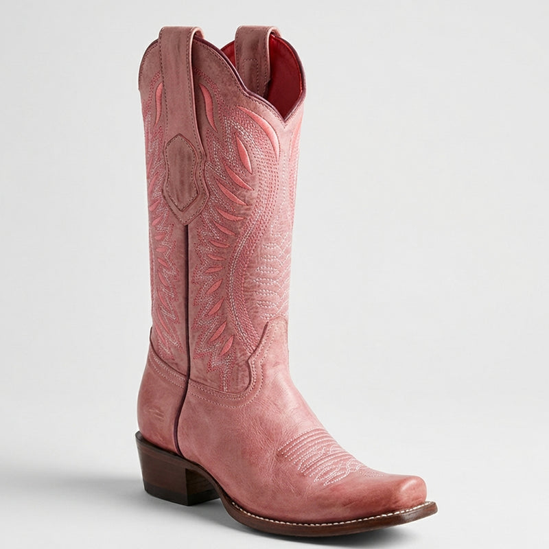 Los Altos women's vintage pink leather cowboy boot semi square toe profile.